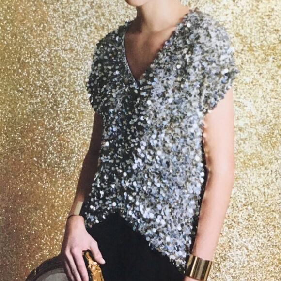 St. John Women´s Evening Silver Gold Beaded Sequin Short Sleeve Top Size P/S - Picture 1 of 13
